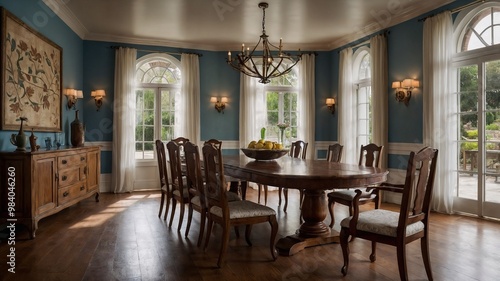 A traditional dining room is shot using leading lines to draw attention to a polished wooden dining table. Subtle fabrics and wood textures enhance the classic, low-detail scene.