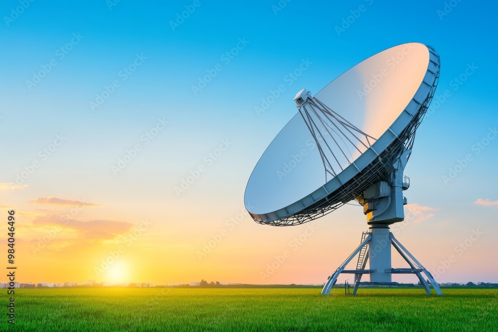 Large radio telescope in open field at dusk with sunset background Large radio telescope in open field at dusk with sunset background