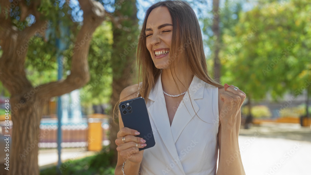 A young and attractive woman celebrates while holding a smartphone during a sunny day outdoors in an urban park setting. A young and attractive woman celebrates while holding a smartphone during a sunny day outdoors in an urban park setting.