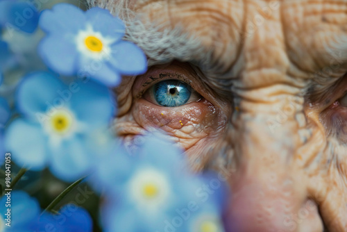 close up of an old person with blue eyes and a forget-me-not flower