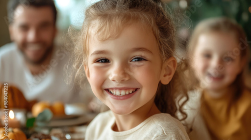 A joyful girl smiles brightly at camera during festive family gathering, surrounded by loved ones and beautifully set table. warm atmosphere captures essence of togetherness and celebration