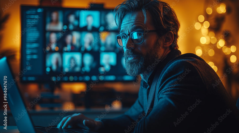 Handsome Caucasian Man Working on Laptop Computer while Sitting in Stylish Cozy Living Room. Freelancer Working From Home. Browsing Internet, Using Social Networks, Being Serious. Handsome Caucasian Man Working on Laptop Computer while Sitting in Stylish Cozy Living Room. Freelancer Working From Home. Browsing Internet, Using Social Networks, Being Serious.