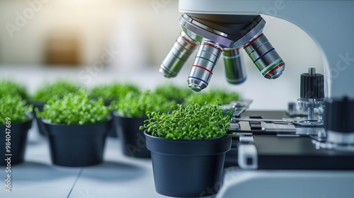 A close-up of a microscope examining small green plants in pots, showcasing the intersection of science and botany. photo