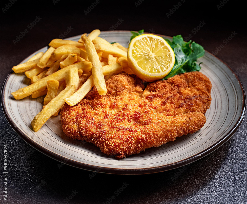 Wiener Schnitzel with lemon sliced and french fries on a plate. Wienerschnitzel. Wiener Schnitzel with lemon sliced and french fries on a plate. Wienerschnitzel.