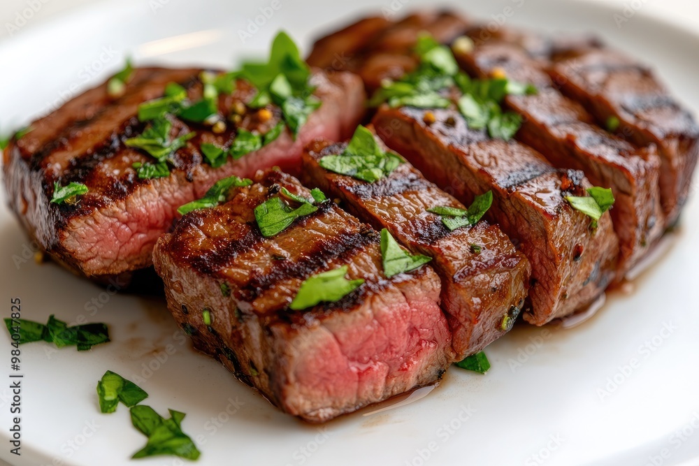 Grilled steak with herbs on a white plate, sharp contrast, focused textures Grilled steak with herbs on a white plate, sharp contrast, focused textures