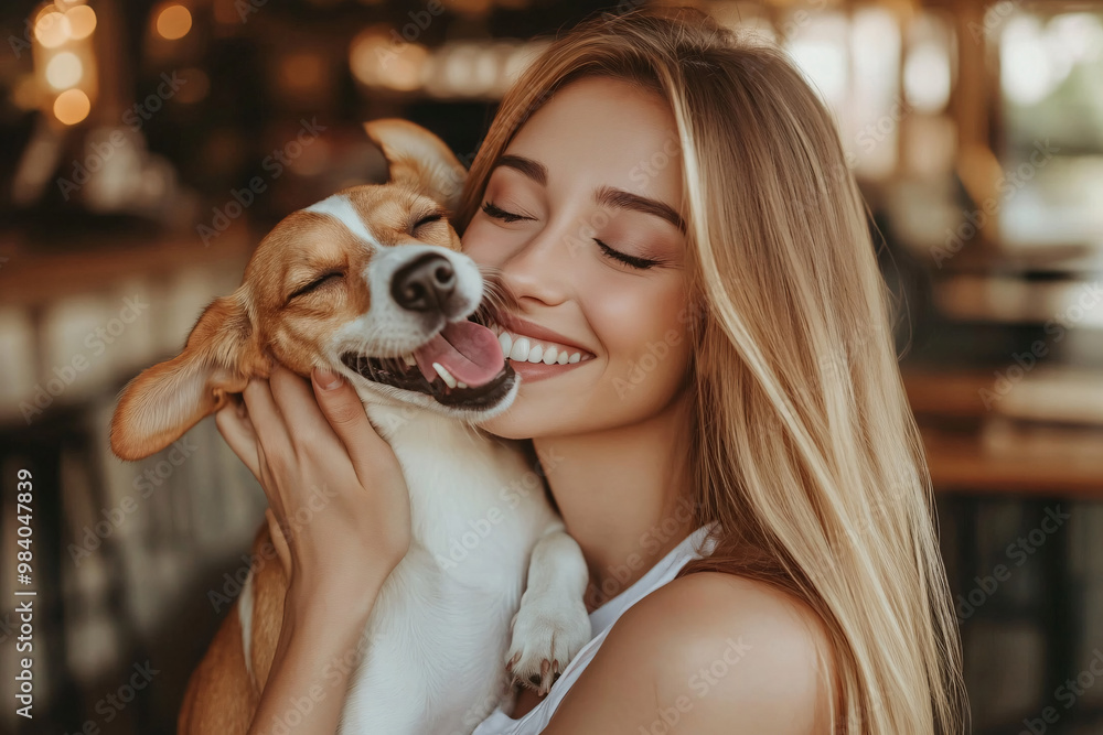 A young woman with long blonde hair smiles while holding a small dog close, both exuding happiness in a cozy indoor setting
A young woman with long blonde hair smiles while holding a small dog close, both exuding happiness in a cozy indoor setting