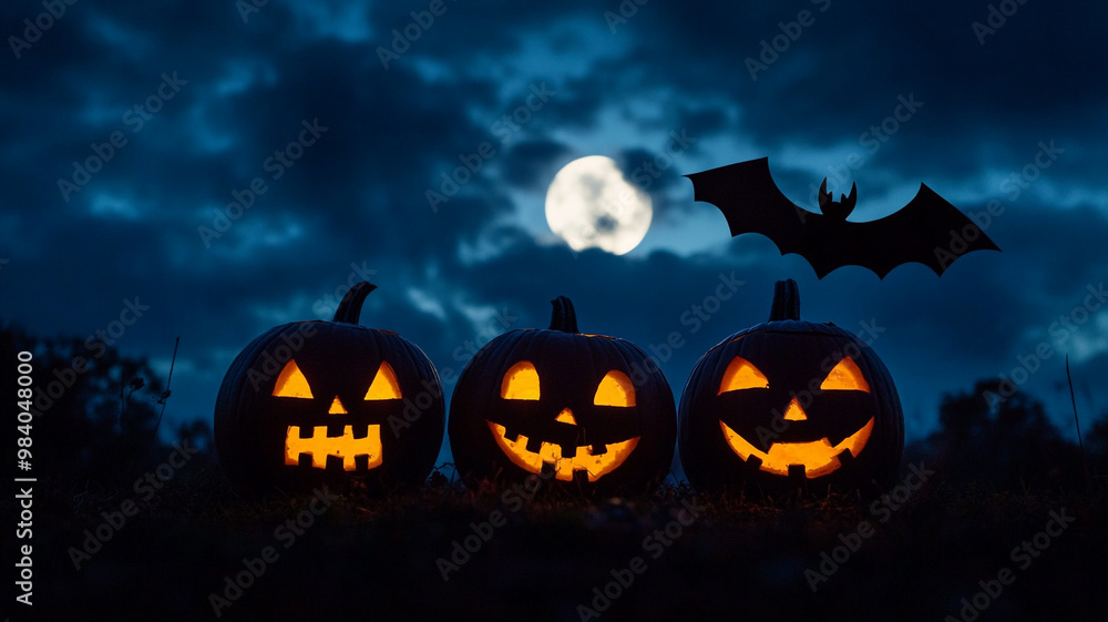 Three spooky jack-o'-lanterns glowing under a full moon on Halloween night Three spooky jack-o'-lanterns glowing under a full moon on Halloween night