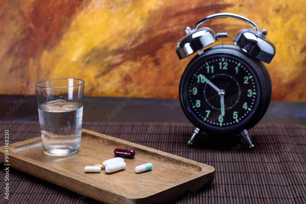 Assorted pills on wooden tray with glass of water and alarm clock Assorted pills on wooden tray with glass of water and alarm clock