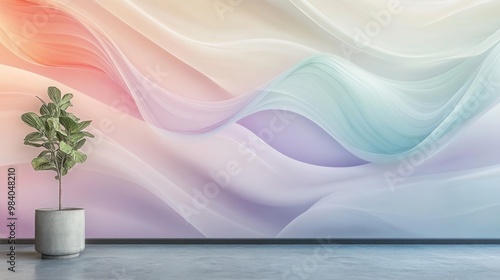 A minimalist mural with soft, flowing lines in pastel colors blending into one another on a smooth wall