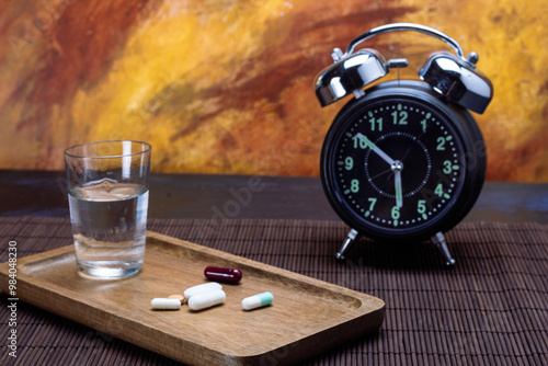 Assorted pills on wooden tray with glass of water and alarm clock photo