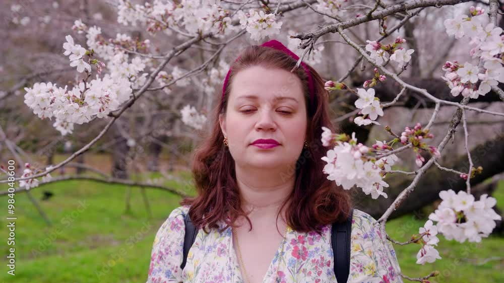European Woman Under The Cherry Blossom Trees In Full Bloom At Kyoto Botanical Garden In Japan. - medium shot European Woman Under The Cherry Blossom Trees In Full Bloom At Kyoto Botanical Garden In Japan. - medium shot