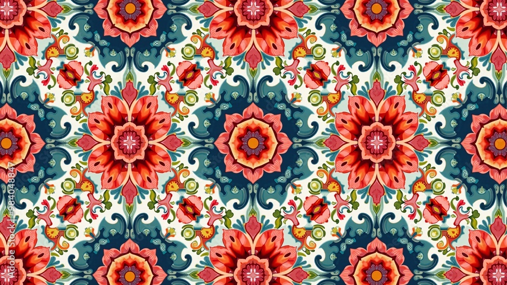 Repeating floral designs with intricate details and vibrant hues Repeating floral designs with intricate details and vibrant hues