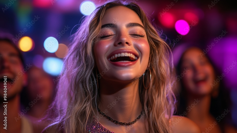 Joyful Woman Smiling in Colorful Party Atmosphere Joyful Woman Smiling in Colorful Party Atmosphere