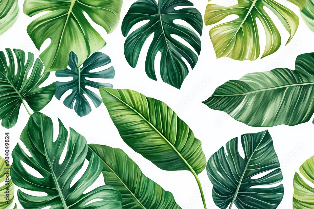 Fototapeta premium Tropical leaves pattern on white background 