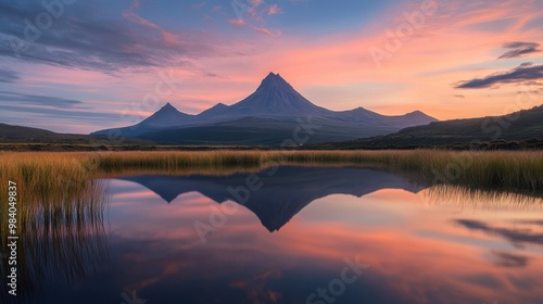 Volcanic mountain peaks mirrored in still water at sunrise creating a serene landscape