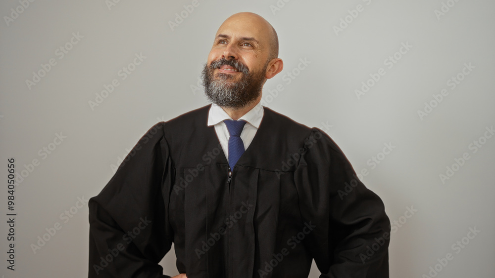 Handsome hispanic man in judicial robes smiling confidently over an isolated white background Handsome hispanic man in judicial robes smiling confidently over an isolated white background
