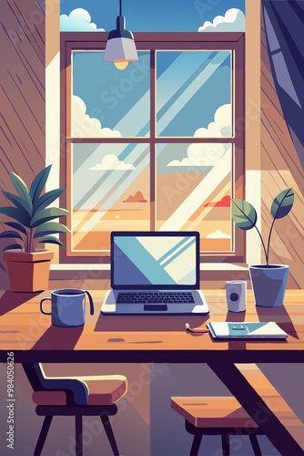 illustration of desk with laptop photo