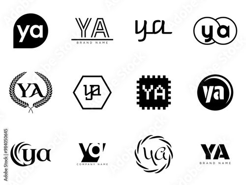 YA logo company template. Letter y and a logotype. Set different classic serif lettering and modern bold text with design elements. Initial font typography.