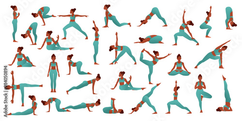 Big Set of Vector Illustrations of Girl in Various Yoga Poses and Asanas