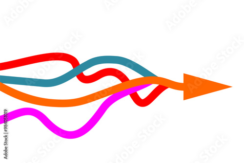 Graphic vector of multiple colored ropes converging into arrows isolated on white background, Arrow in same direction for rising to success