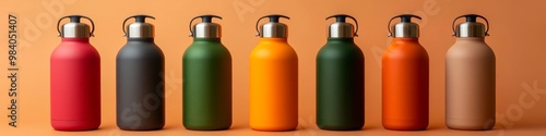 Row of colorful water bottles on table with orange background photo