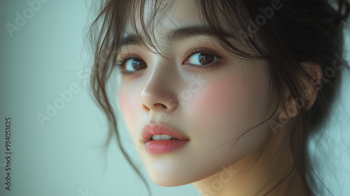 Captivating close-up of a young Korean woman with soft features and radiant skin, showcasing natural beauty and serene expression in gentle light