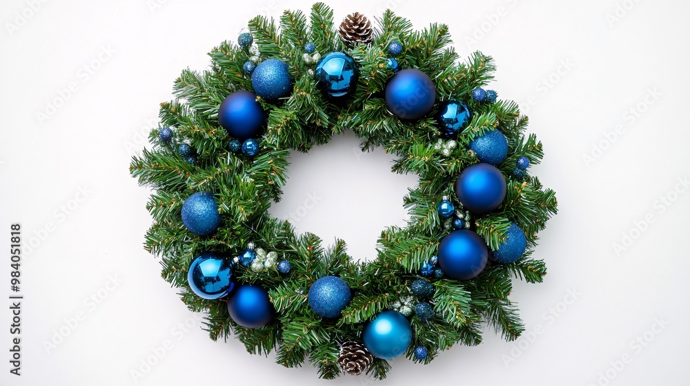 a nice decorated christmas wreath, with blue design elements a nice decorated christmas wreath, with blue design elements