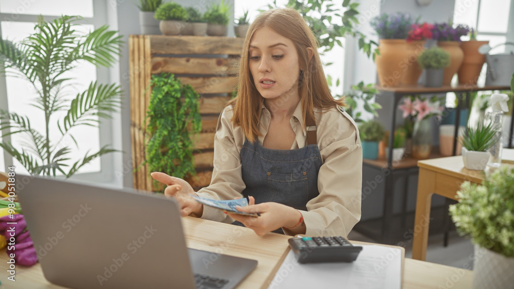 Young caucasian woman in apron holding money while using laptop in plant-filled room, illustrating work or financial planning. Young caucasian woman in apron holding money while using laptop in plant-filled room, illustrating work or financial planning.