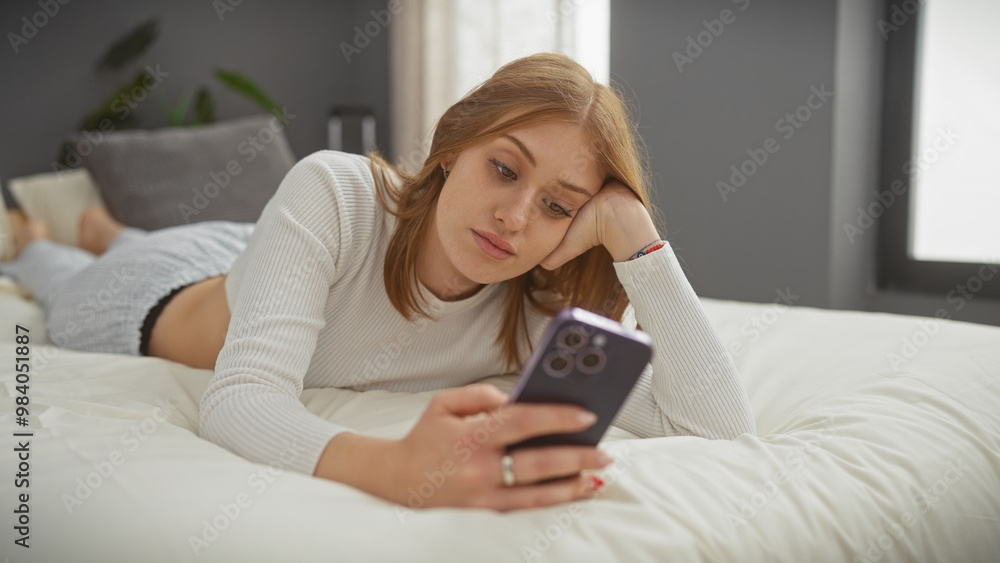Caucasian woman lying on bed at home, looking at her smartphone in an indoor setting. Caucasian woman lying on bed at home, looking at her smartphone in an indoor setting.
