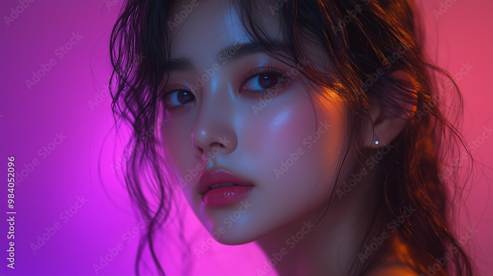 Korean woman with wavy hair poses gracefully against a colorful backdrop during an evening photoshoot Korean woman with wavy hair poses gracefully against a colorful backdrop during an evening photoshoot