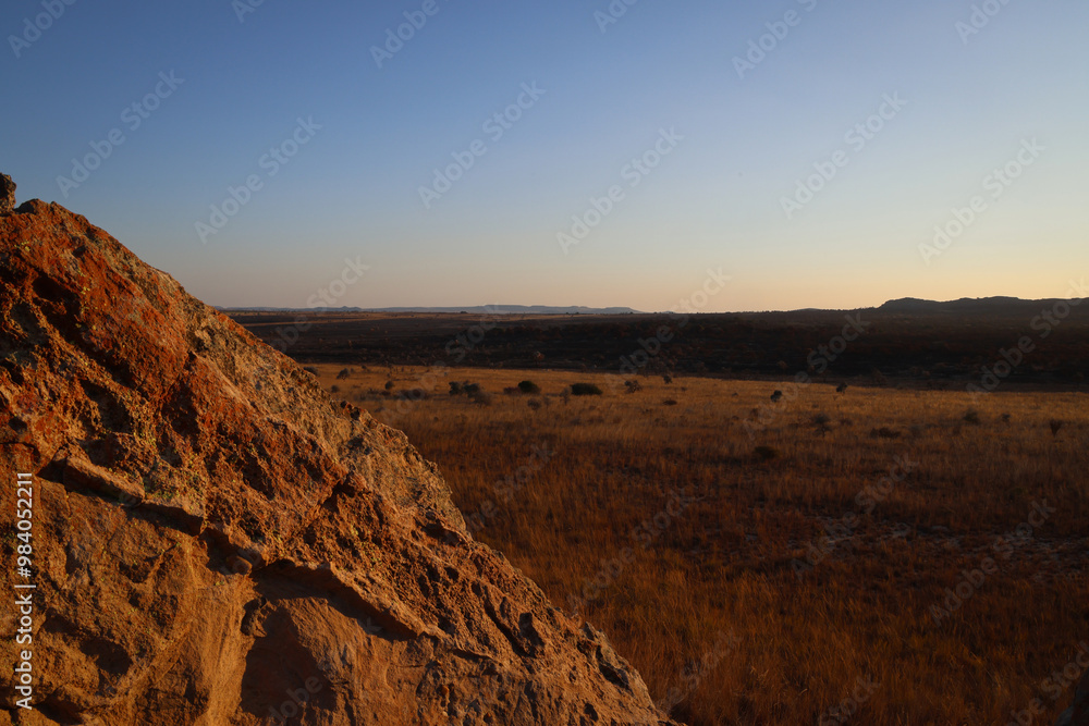 Fototapeta premium Altopiano nel sud del Madagascar; paesaggio al crepuscolo immerso in una luce dorata 