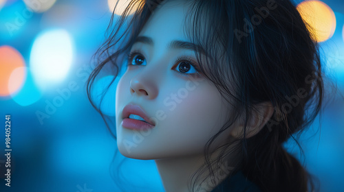 A young Korean woman gazes thoughtfully upwards in a vibrant city setting, immersed in colorful lights during the evening