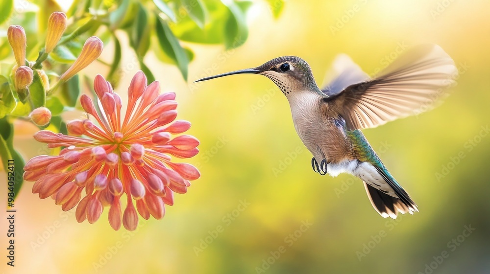 Naklejka premium A hummingbird captured mid-flight, its wings a blur of motion, hovering near a vibrant flower with a soft focus background.
