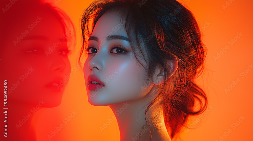 A young Korean woman poses elegantly against a vibrant orange background, showcasing modern beauty and expressive artistry A young Korean woman poses elegantly against a vibrant orange background, showcasing modern beauty and expressive artistry