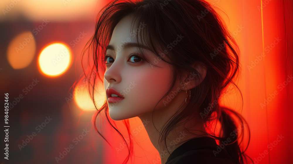 A young Korean woman gazes thoughtfully at the sunset, capturing a moment of serenity and beauty on an urban rooftop in the early evening A young Korean woman gazes thoughtfully at the sunset, capturing a moment of serenity and beauty on an urban rooftop in the early evening