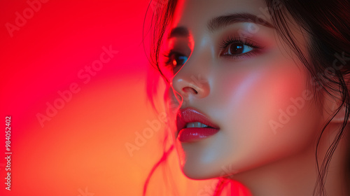 Captivating close-up of a young Korean woman against a vibrant red backdrop highlighting her features and expression