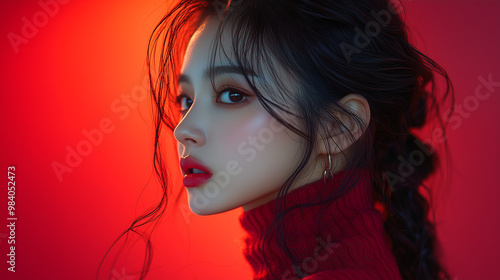 A side profile of a Korean woman in a red sweater against a vibrant red background, showcasing her makeup and hairstyle