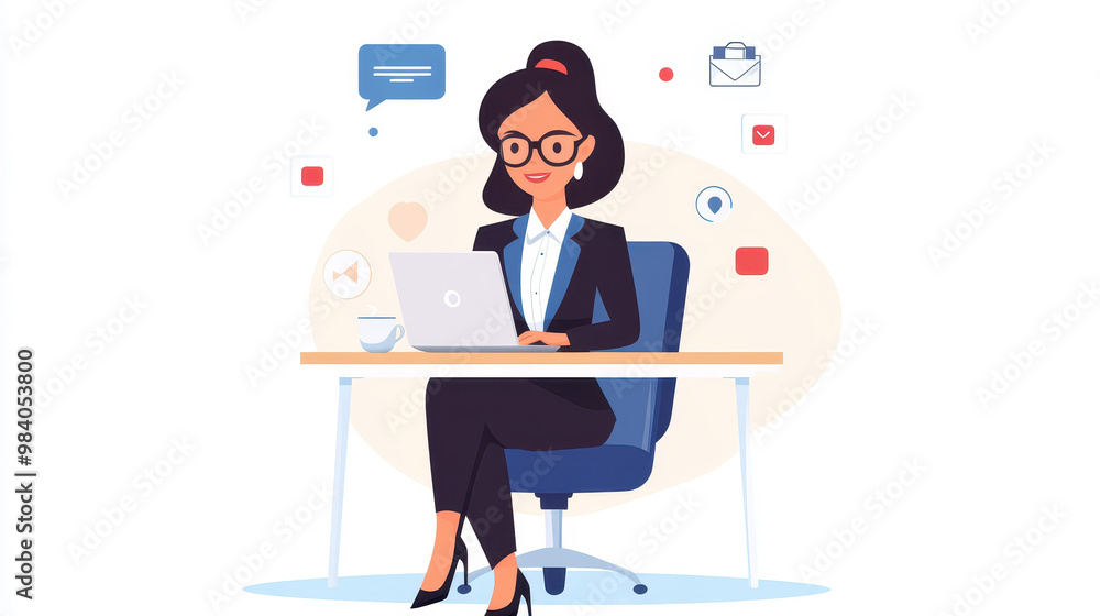A vibrant illustration of a businesswoman at a desk, laptop open and coffee cup ready, perfect for bright designs. A vibrant illustration of a businesswoman at a desk, laptop open and coffee cup ready, perfect for bright designs.
