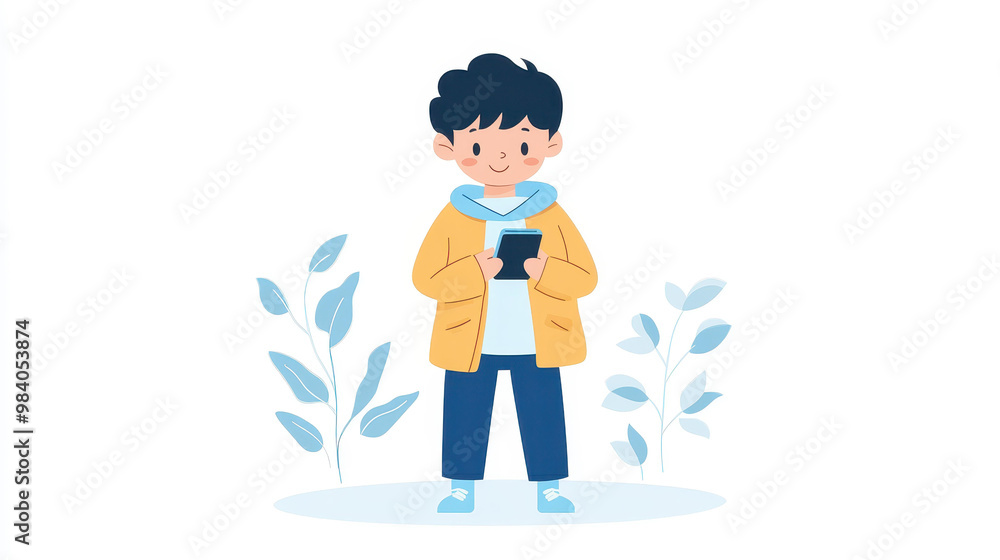 A young man with dark hair poses with a mobile device, creating a simple, clean cartoon illustration for web design. A young man with dark hair poses with a mobile device, creating a simple, clean cartoon illustration for web design.