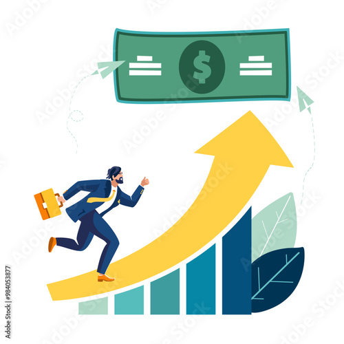 Business. A businessman runs up the financial development chart. A bar chart with an up arrow points to the dollar. Investment business profit growth, income increase, people. Vector illustration