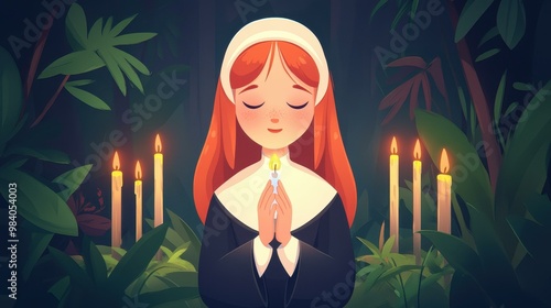 A redhaired nun with a colorful cassock weeps as she reaches for a glowing candle, surrounded by flickering lights. photo