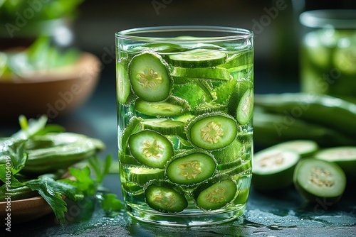 A healthy morning routine scene featuring a glass of okra water on a kitchen counter. Generative AI