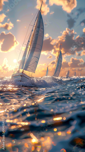 Imaginative sailing sport scene with beautiful elements, front view, capturing the essence of a magical regatta, advanced tone, vivid