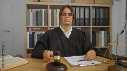 Young, brunette woman in a judge's robe hitting a gavel in an organized office setting with bookshelves and documents in the background