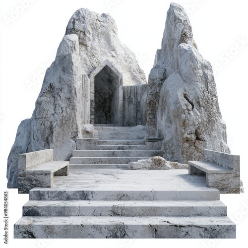 3D Render of a rock temple courtyard with stone benches and a fountain, on isolated white background