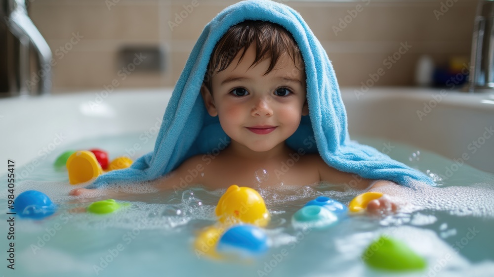 Toddler wrapped in towel enjoying playful bath time with toys Toddler wrapped in towel enjoying playful bath time with toys