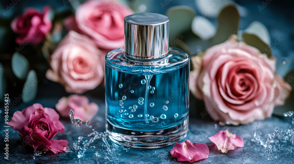 Delicate glass perfume bottle surrounded by blooming white flowers in tranquil water setting Delicate glass perfume bottle surrounded by blooming white flowers in tranquil water setting