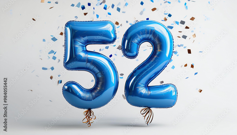 Fototapeta premium Blue birthday / anniversary balloon, number 52, white background with confetti