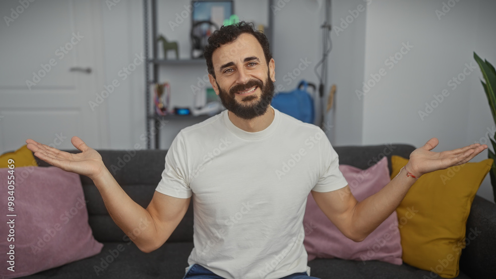 A welcoming man in a casual white shirt sits on a sofa with hands spread in a modern living room, expressing openness. A welcoming man in a casual white shirt sits on a sofa with hands spread in a modern living room, expressing openness.