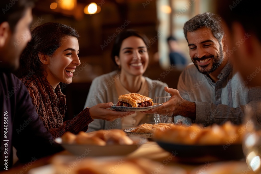 A cozy indoor setting, where a group of friends sits around a table, enjoying traditional desserts A cozy indoor setting, where a group of friends sits around a table, enjoying traditional desserts